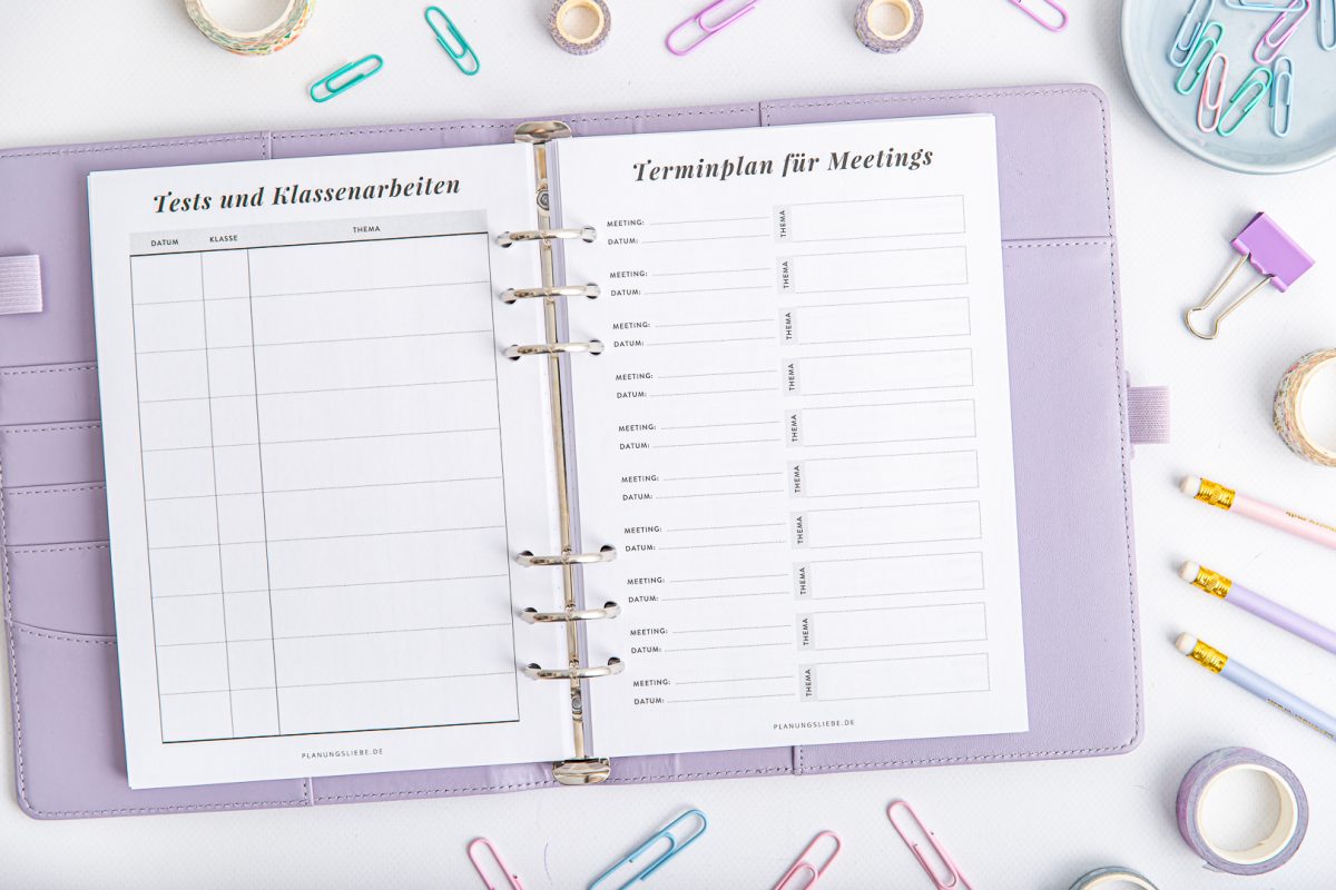 Einlagenseite: Tests, Klassenarbeiten und Terminplan für Meetings