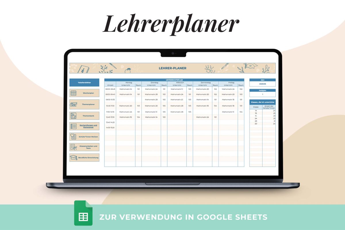 Lehrerplaner Google Sheets Übersicht