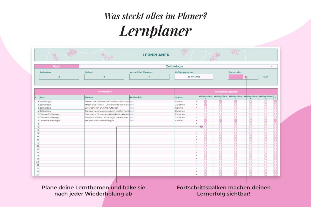 Studentenplaner 2025/26 – Lernplaner zur strukturierten Vorbereitung deiner Lernthemen mit Fortschrittsanzeige