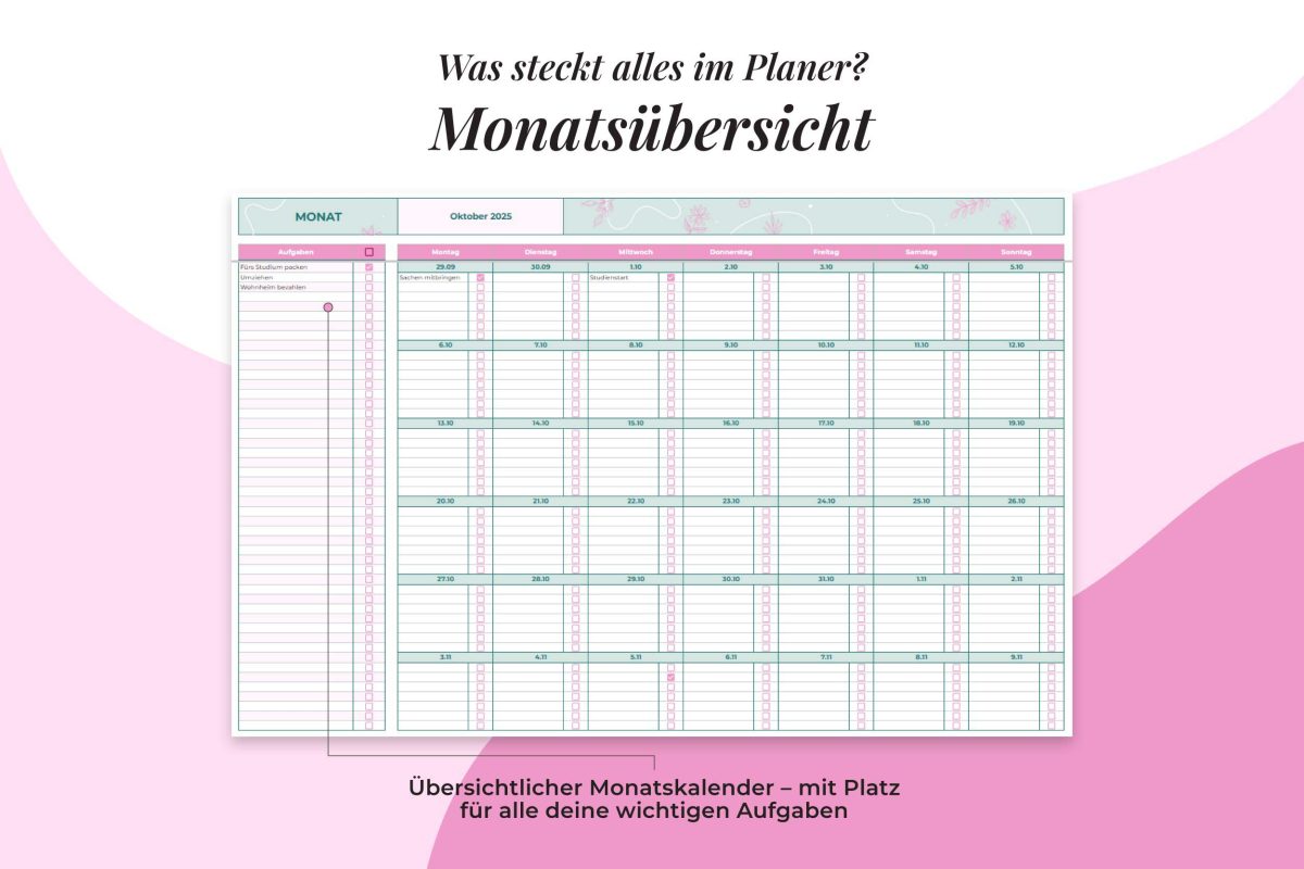 Studentenplaner 2025/26 – Monatsübersicht im Kalenderformat mit Platz für alle wichtigen Aufgaben