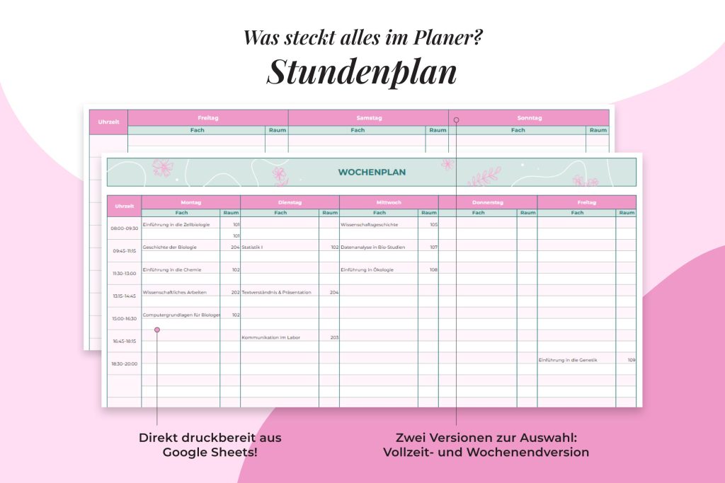 Studentenplaner 2025/26 – Stundenplan in der Vollzeit- und Wochenendversion direkt aus Google Sheets