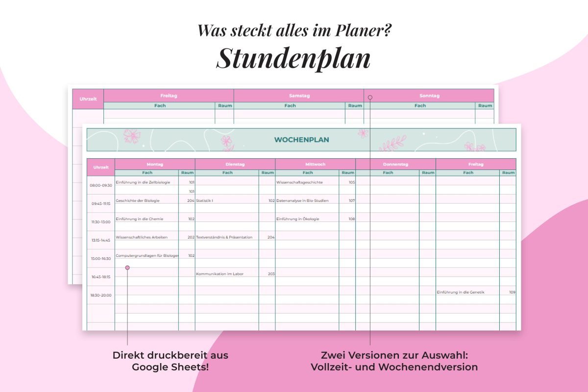 Studentenplaner 2025/26 – Stundenplan in der Vollzeit- und Wochenendversion direkt aus Google Sheets