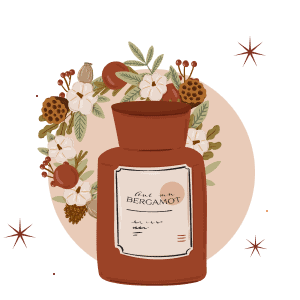 Herbstduft Bergamotte – Illustration mit Blumen und Flasche