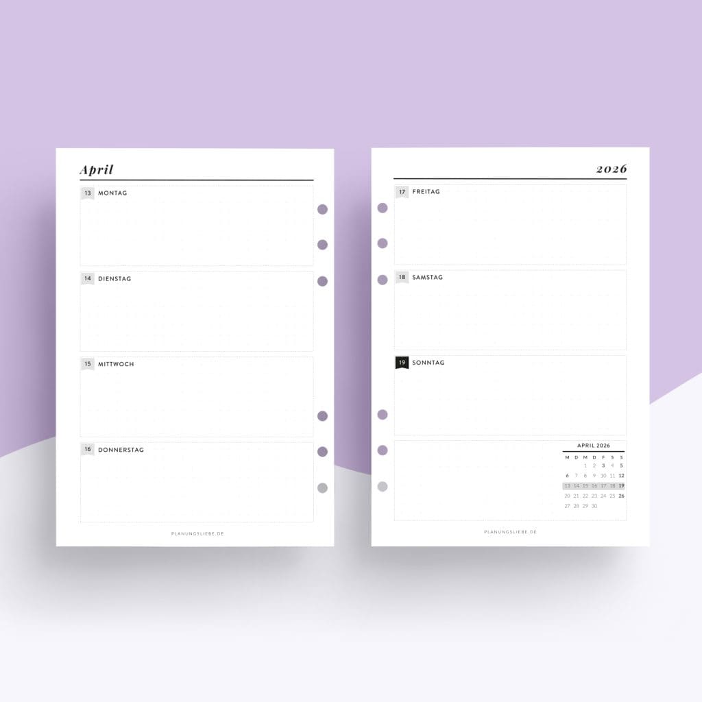 Kalendereinlagen 2026 A5 | 1 Woche 2 Seiten