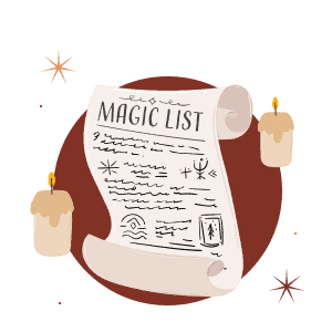 Magische Liste – Illustration mit Kerzen und Zauberrolle