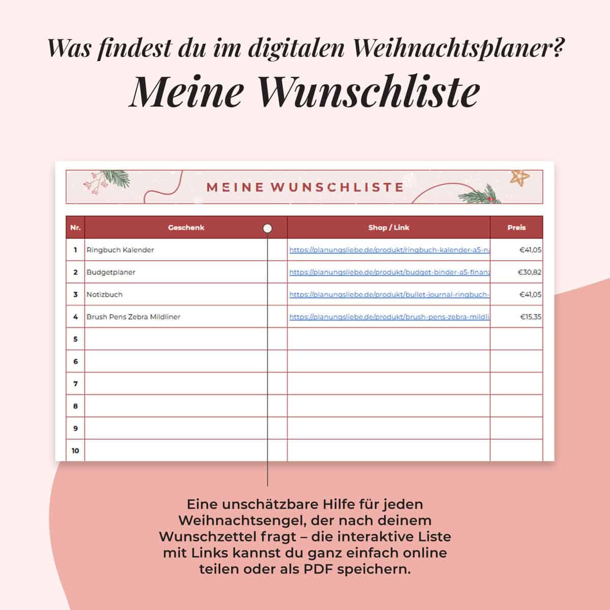 Weihnachtsplaner Google Sheets | Meine Wunschliste