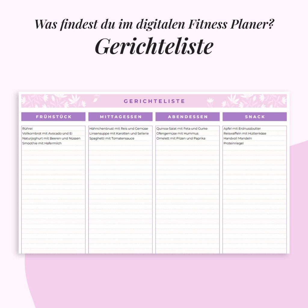 Fitness-Planer im Google Sheets | Gerichteliste