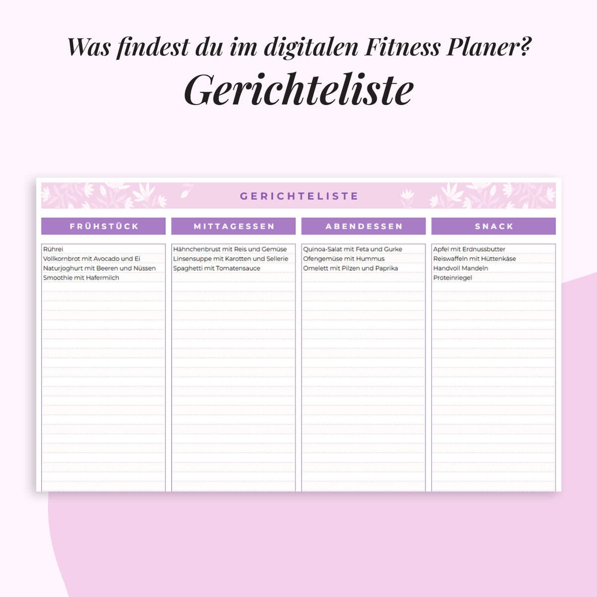 Fitness-Planer im Google Sheets | Gerichteliste