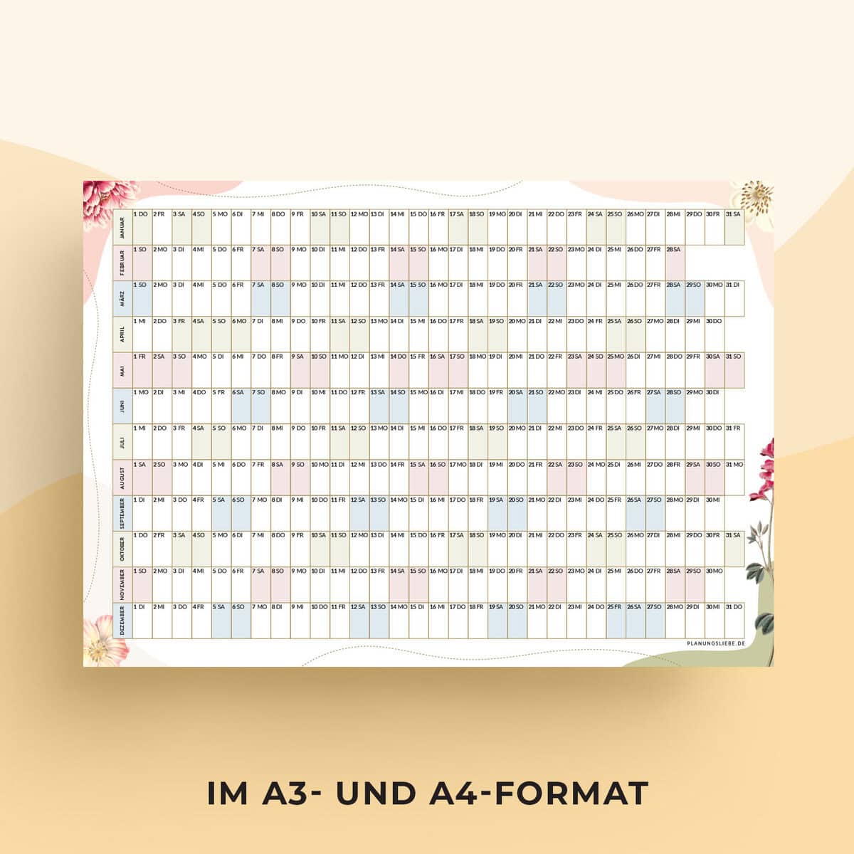 Jahreskalender 2026 zum Ausdrucken in A3 und A4 format