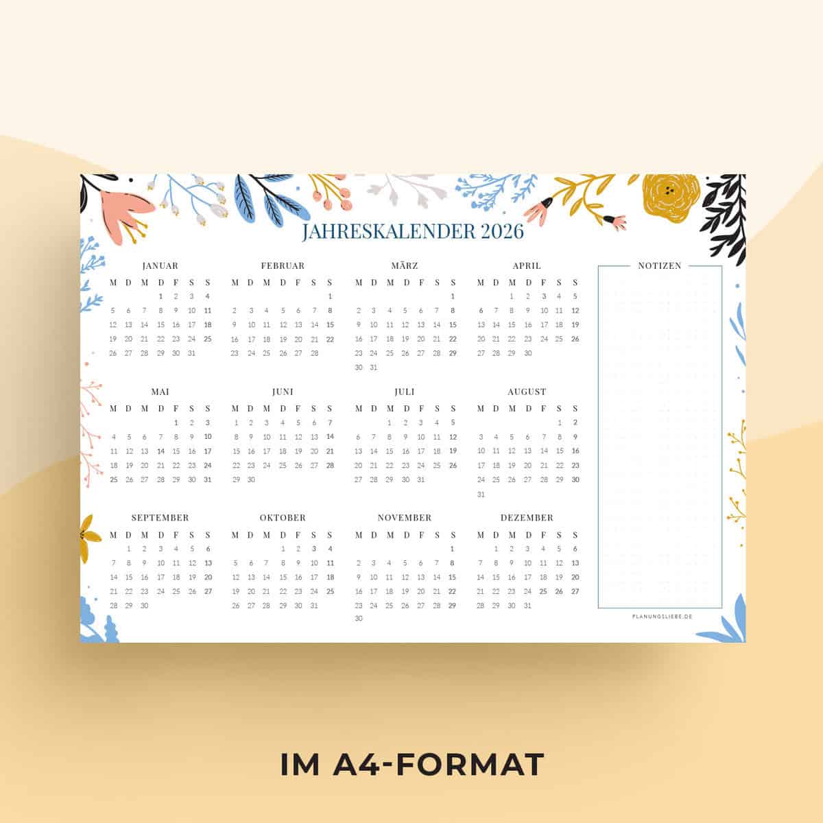 Jahreskalender 2026 zum Ausdrucken in A4 format