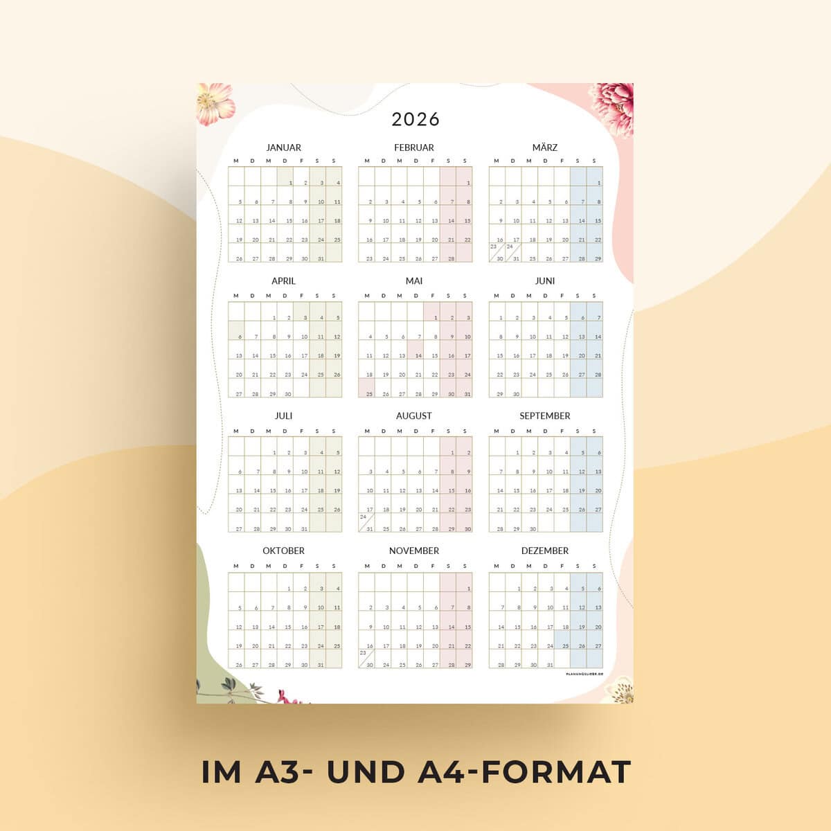 Jahreskalender zum Ausdrucken in A3 und A4 format
