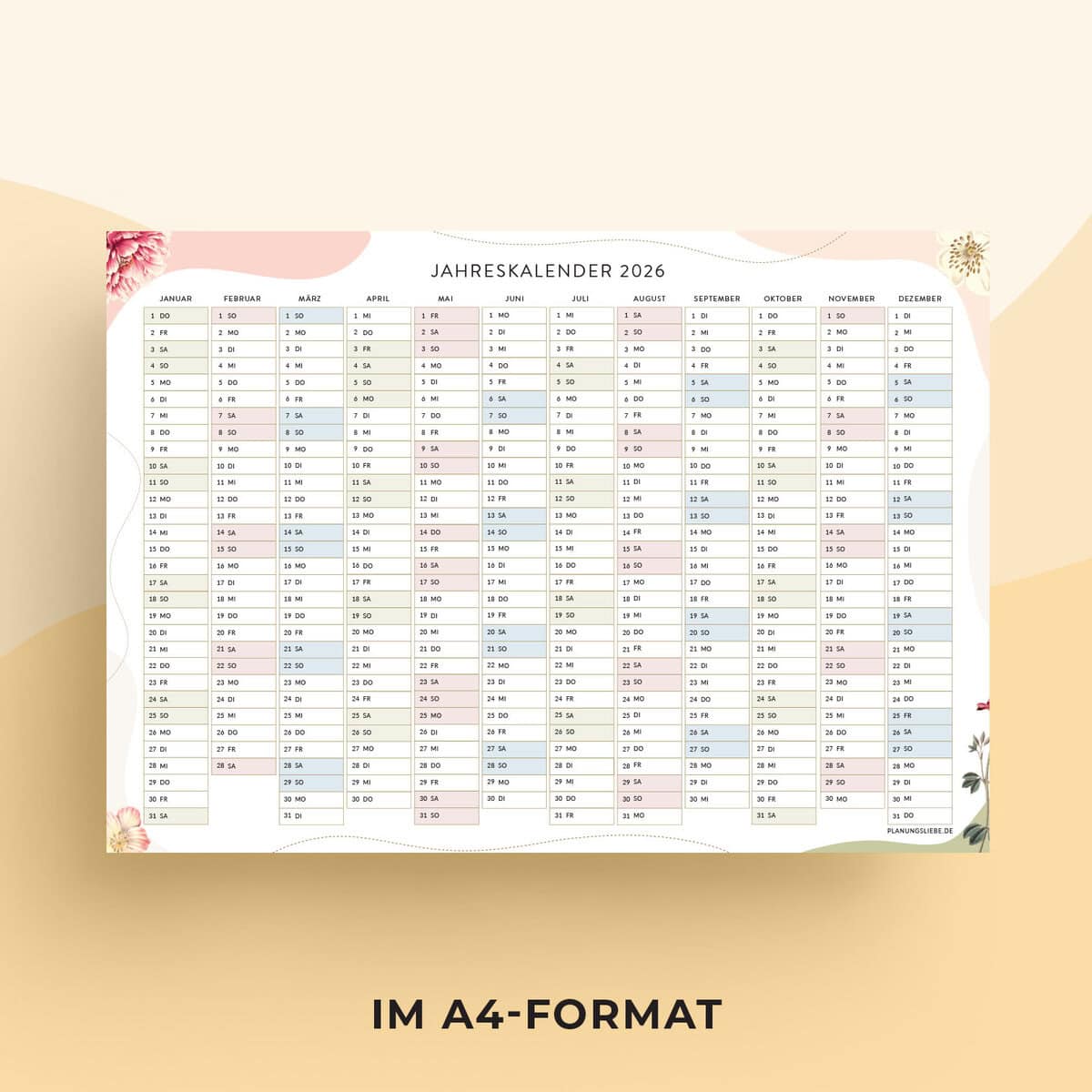 Jahreskalender zum Ausdrucken und A4 format