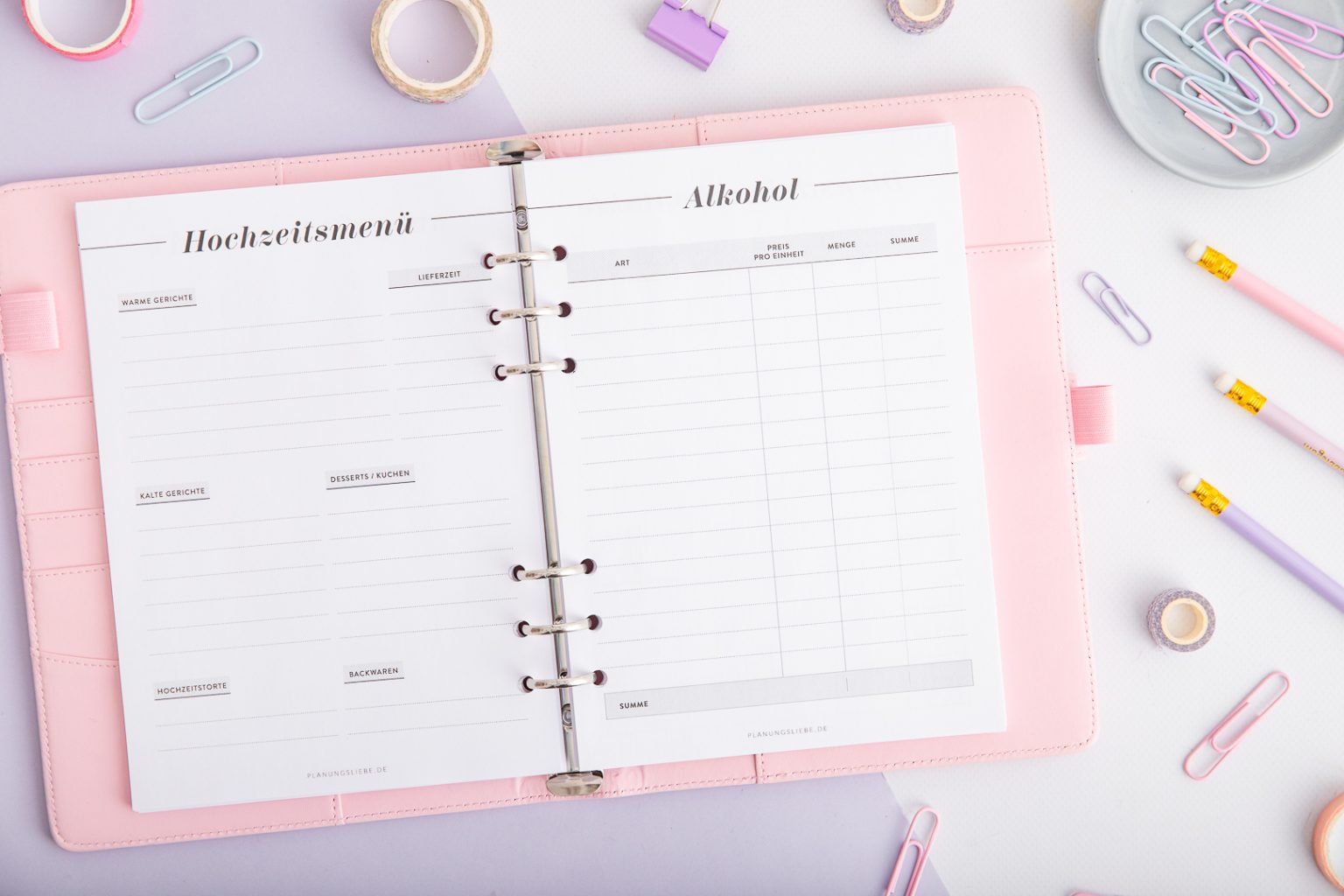 Hochzeitsplaner Ringplaner | Hochzeitsmenue und Alkohol