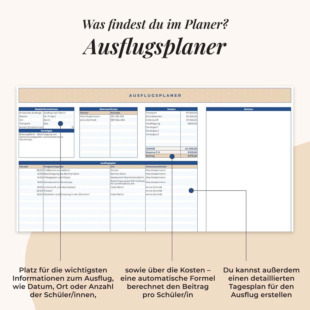 Klassenlehrer*innen Planer im Google Sheets | Auflugsplaner