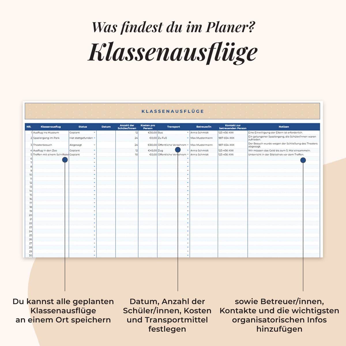 Klassenlehrer*innen Planer im Google Sheets | Klaseenausfluge