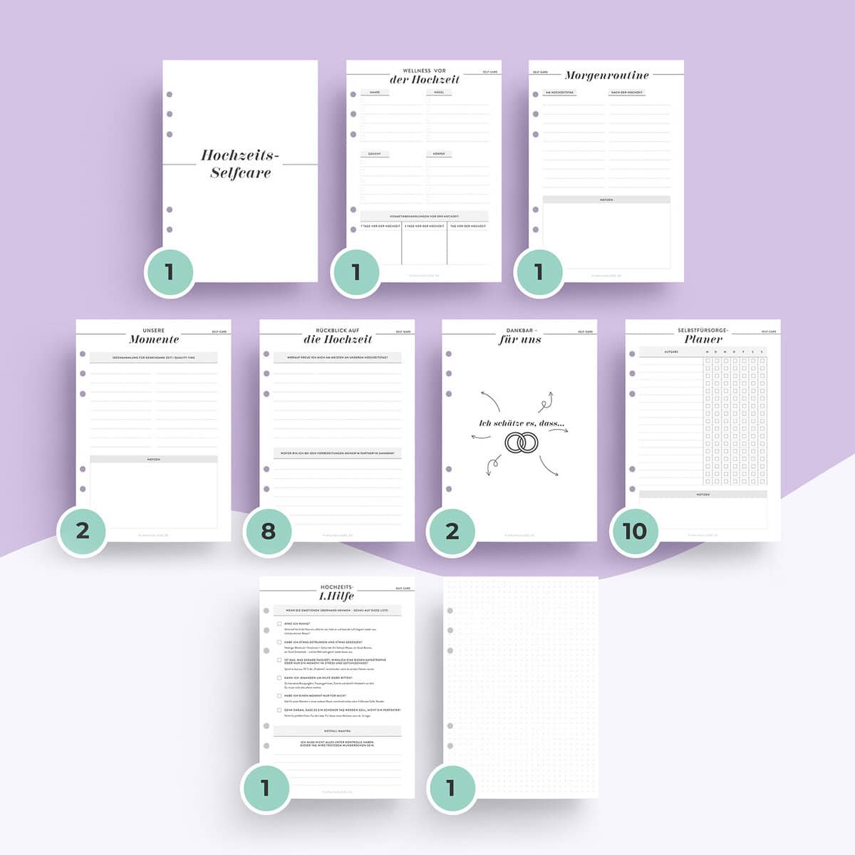 Hochzeits-Selfcare – Ringplaner Einlagen mit Wellnessplan, Morgenroutine, Selbstfürsorge und Reflexionsseiten