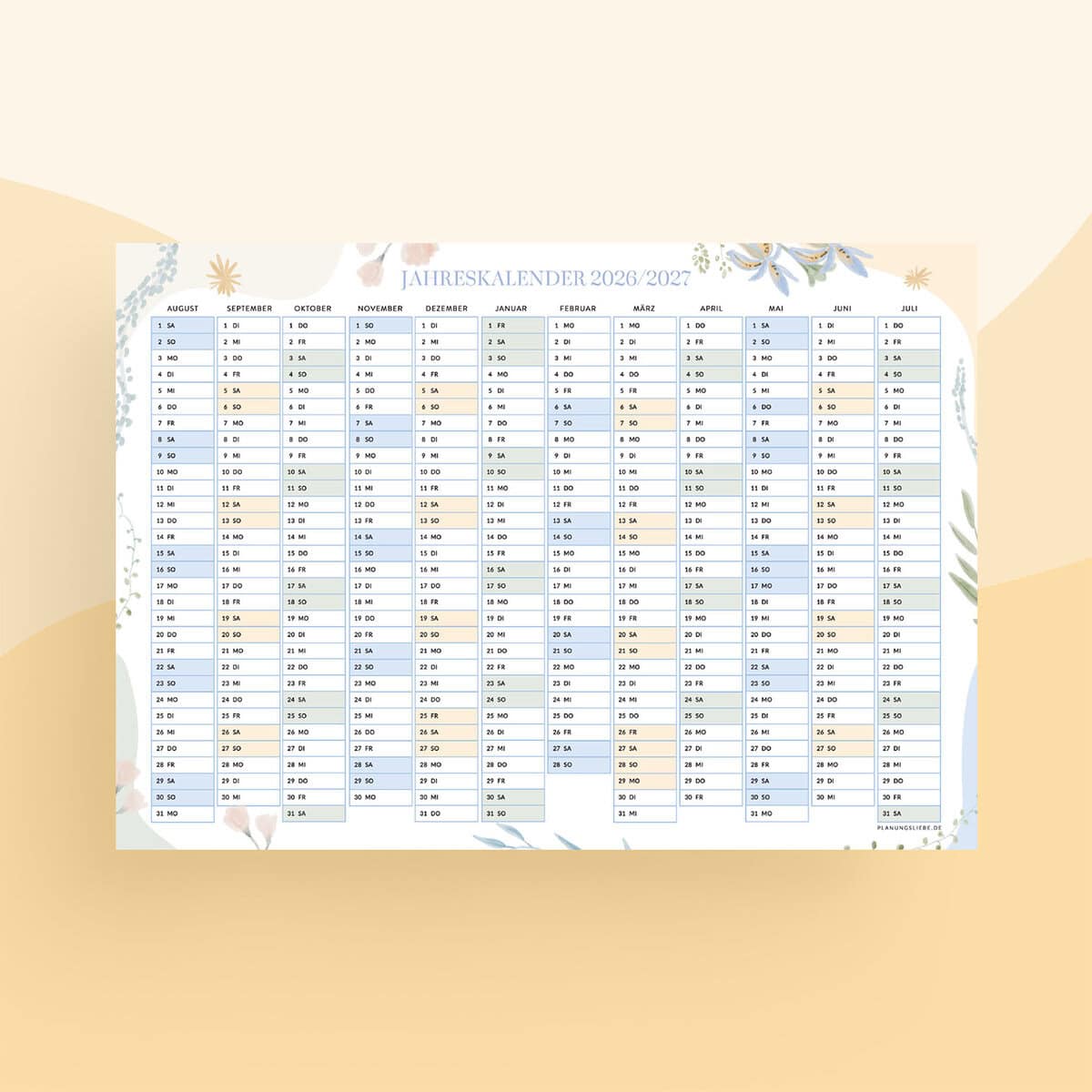 Schulkalender 26/27 zum Ausdrucken – Jahreskalender mit Tagesübersicht