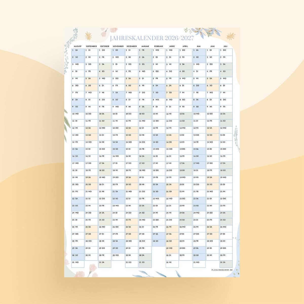 Schulkalender 26/27 zum Ausdrucken – Tagesübersicht Hochformat